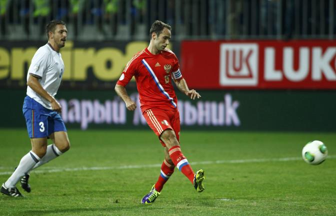 Qualificazioni Mondiali, Roman Shirokov porta in vantaggio la Russia in Azerbaigian al 16' del primo tempo. Reuters